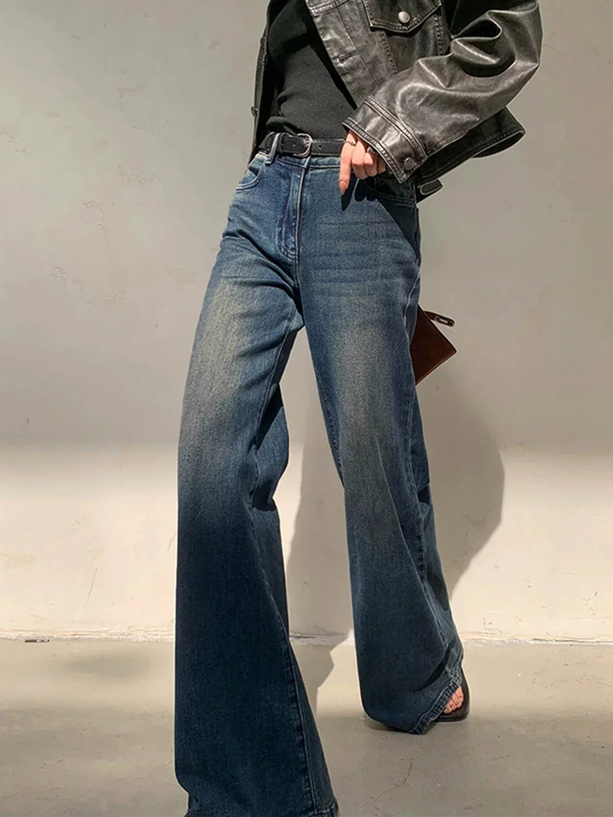 Vintage Inspired High-Waisted Washed Denim Wide Leg Jeans