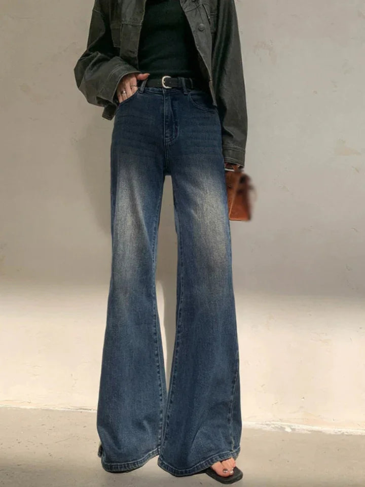 Vintage Inspired High-Waisted Washed Denim Wide Leg Jeans