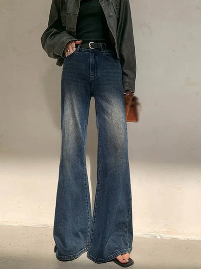 Vintage Inspired High-Waisted Washed Denim Wide Leg Jeans
