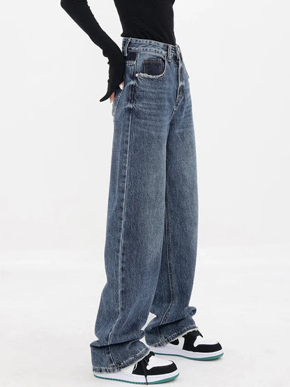 Vintage-Inspired Patchwork Pockets Denim Wide Leg Boyfriend Jeans