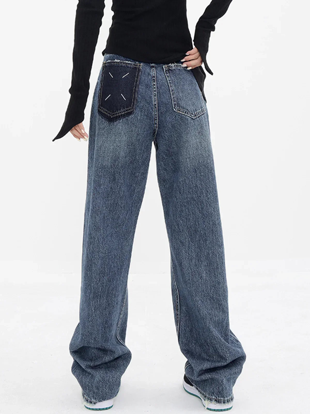 Vintage-Inspired Patchwork Pockets Denim Wide Leg Boyfriend Jeans