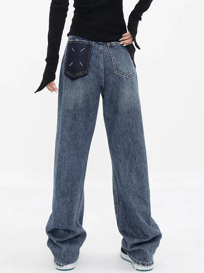 Vintage-Inspired Patchwork Pockets Denim Wide Leg Boyfriend Jeans