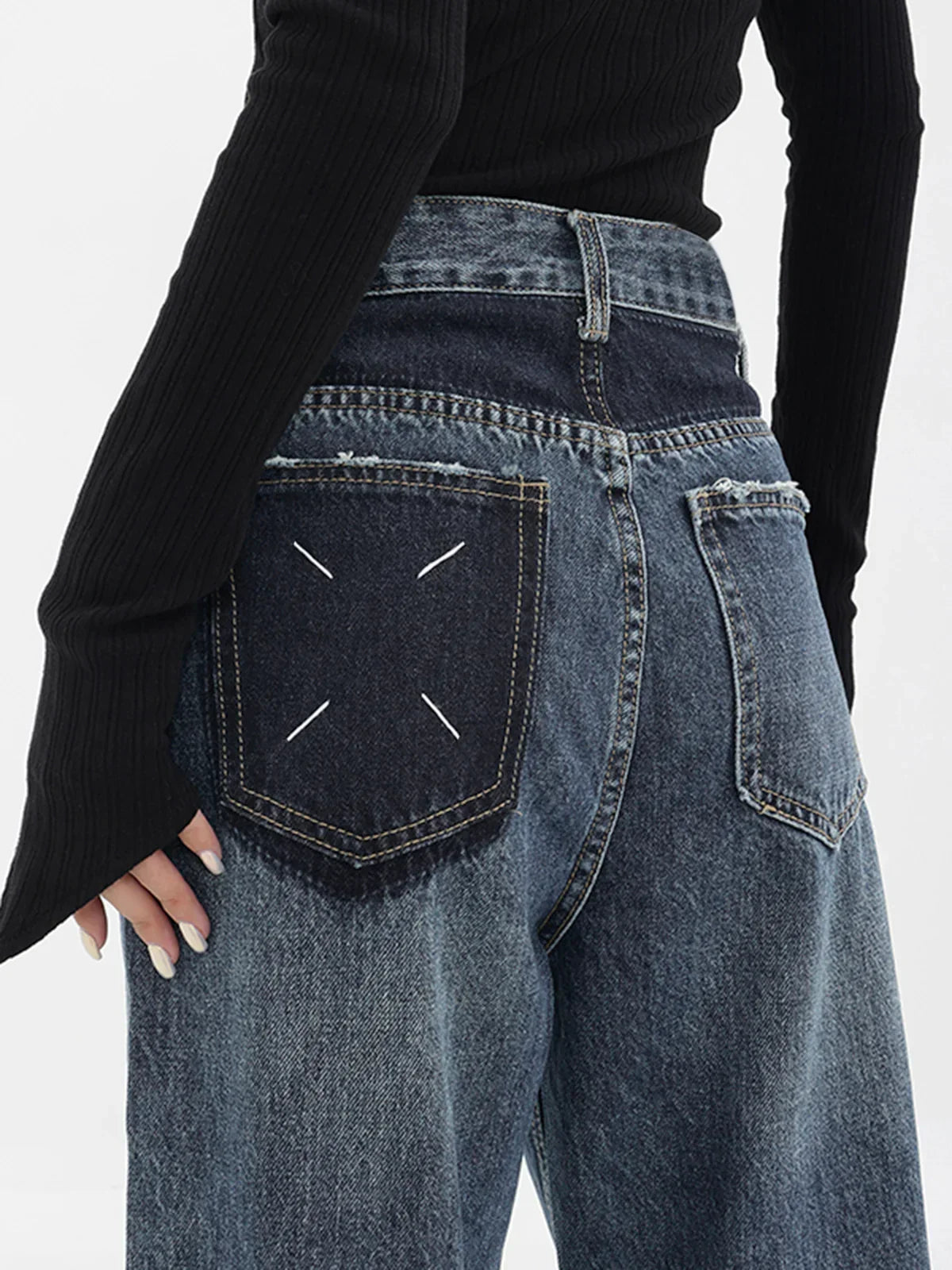 Vintage-Inspired Patchwork Pockets Denim Wide Leg Boyfriend Jeans