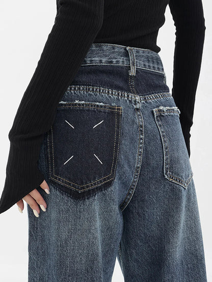 Vintage-Inspired Patchwork Pockets Denim Wide Leg Boyfriend Jeans