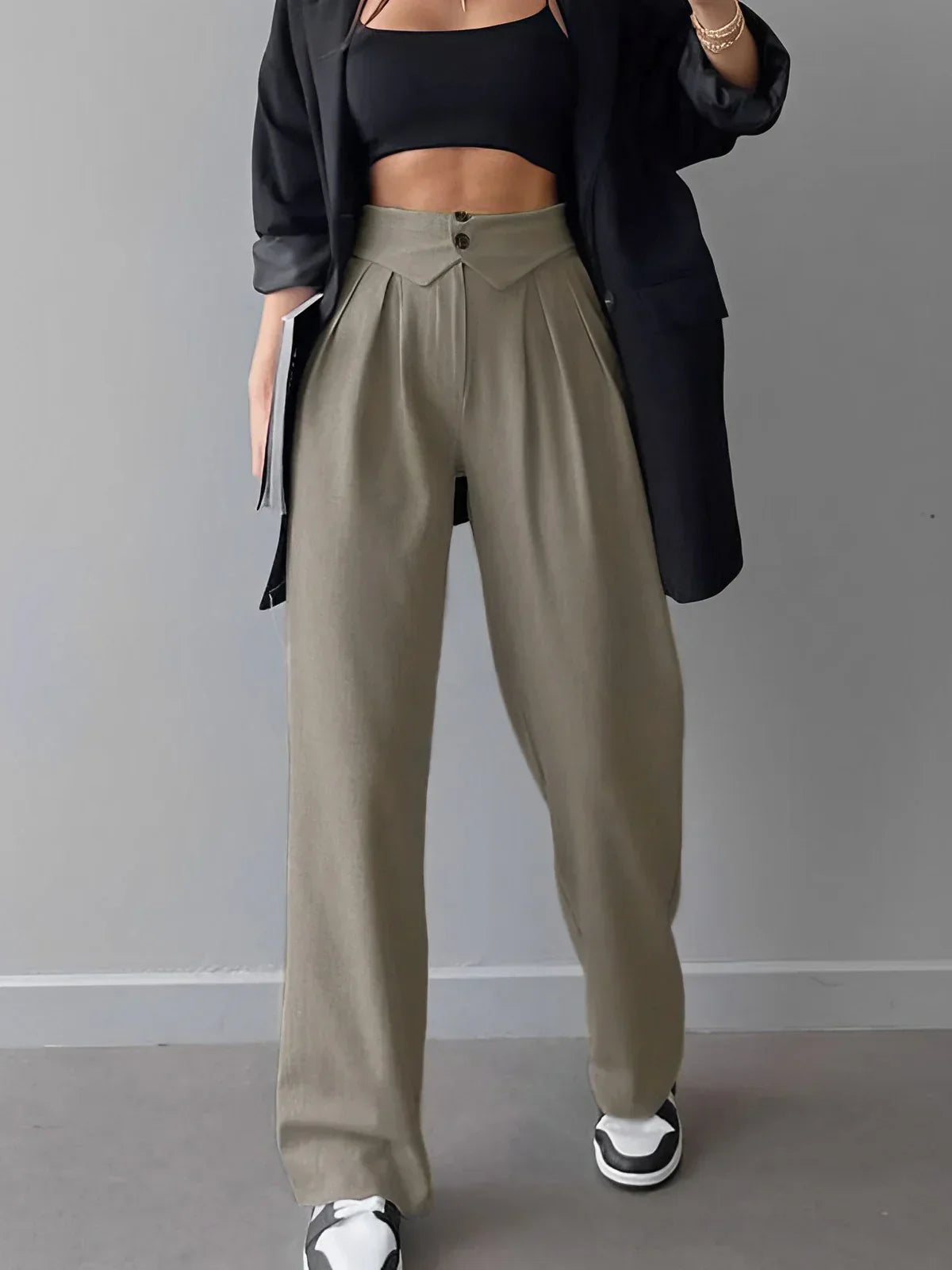 Women's Street Style Straight Leg Dress Pants with Fold-Over Waistband