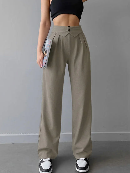 Women's Street Style Straight Leg Dress Pants with Fold-Over Waistband