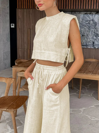 Always Chic Women's Linen Two-Piece Set with Wide-Leg Pants
