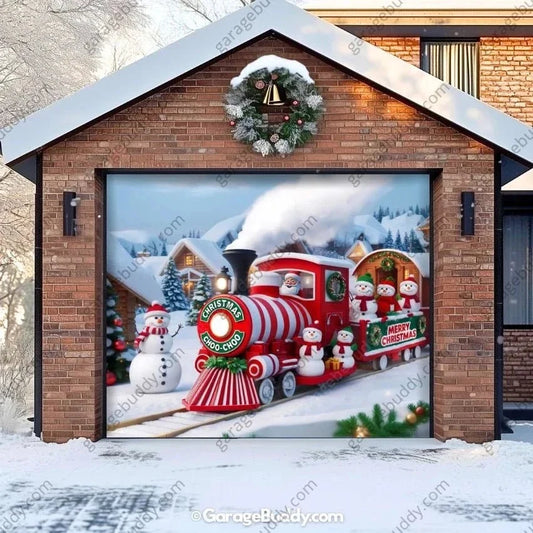 Christmas Choo-Choo garage door cover shown on a single garage door