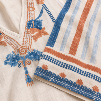 Close-up of a cream-colored embroidered fabric garment, showing blue and rust-orange embroidery and striped border details.

