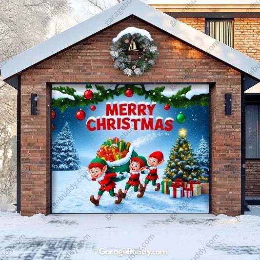 Elf Village Christmas garage door cover shown on a single garage door