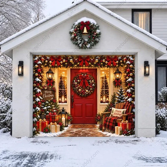 Christmas Welcome Christmas garage door cover showing a red entry door with wreaths and holiday decorations, single-door view.