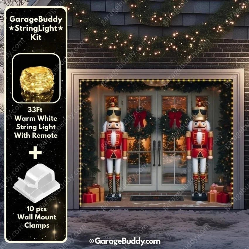 NutCracker Guards Christmas garage door cover showing nutcracker soldiers beside a decorated entrance, single-door view with optional string lights.
