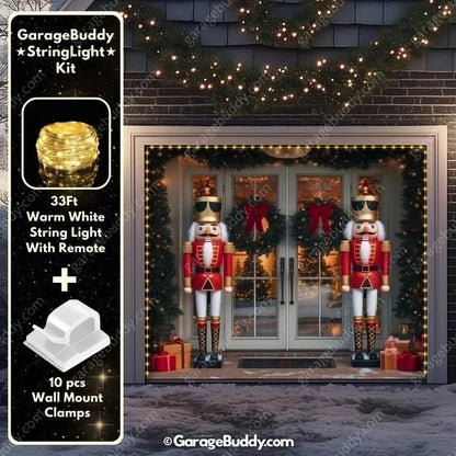 NutCracker Guards Christmas garage door cover showing nutcracker soldiers beside a decorated entrance, single-door view with optional string lights.