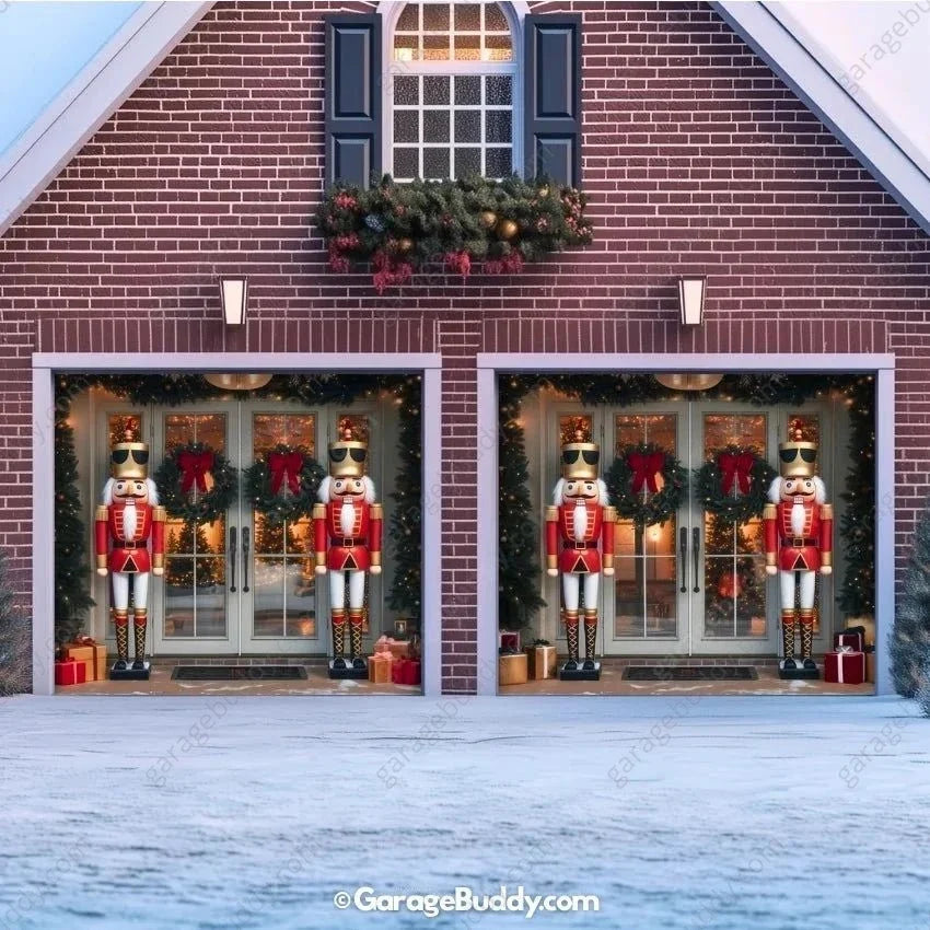 NutCracker Guards Christmas garage door cover showing nutcracker soldiers beside a decorated entrance, two-door layout.