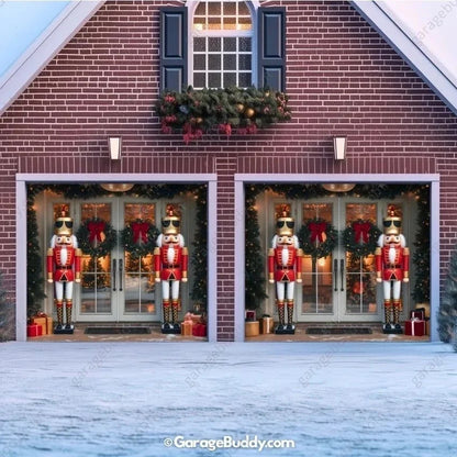 NutCracker Guards Christmas garage door cover showing nutcracker soldiers beside a decorated entrance, two-door layout.