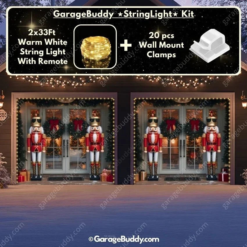 NutCracker Guards Christmas garage door cover showing nutcracker soldiers beside a decorated entrance, two-door layout with optional string lights.