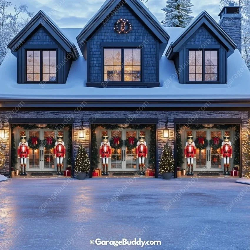 NutCracker Guards Christmas garage door cover showing nutcracker soldiers beside a decorated entrance, three-door layout.