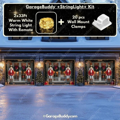 NutCracker Guards Christmas garage door cover showing nutcracker soldiers beside a decorated entrance, three-door layout with optional string lights.