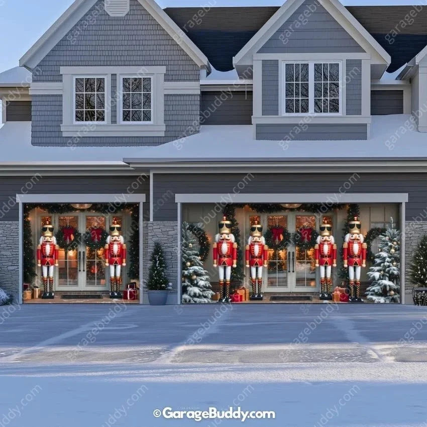 NutCracker Guards Christmas garage door cover showing nutcracker soldiers beside a decorated entrance, double-plus-single layout.