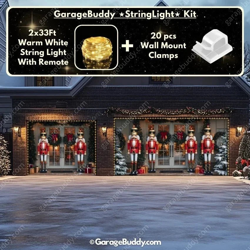 NutCracker Guards Christmas garage door cover showing nutcracker soldiers beside a decorated entrance, double-plus-single layout with optional string lights.