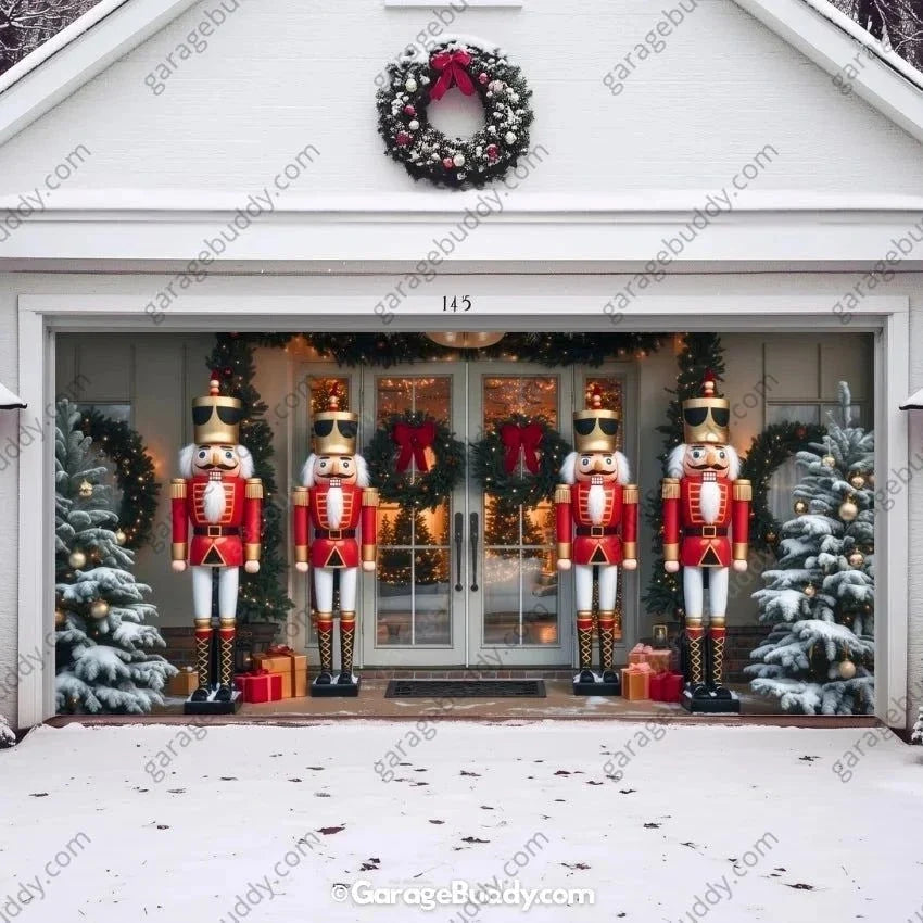 NutCracker Guards Christmas garage door cover showing nutcracker soldiers beside a decorated entrance, double-door view.