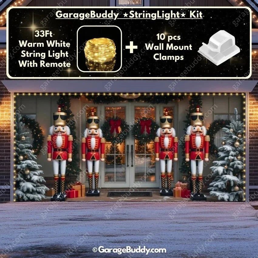 NutCracker Guards Christmas garage door cover showing nutcracker soldiers beside a decorated entrance, double-door view with optional string lights.