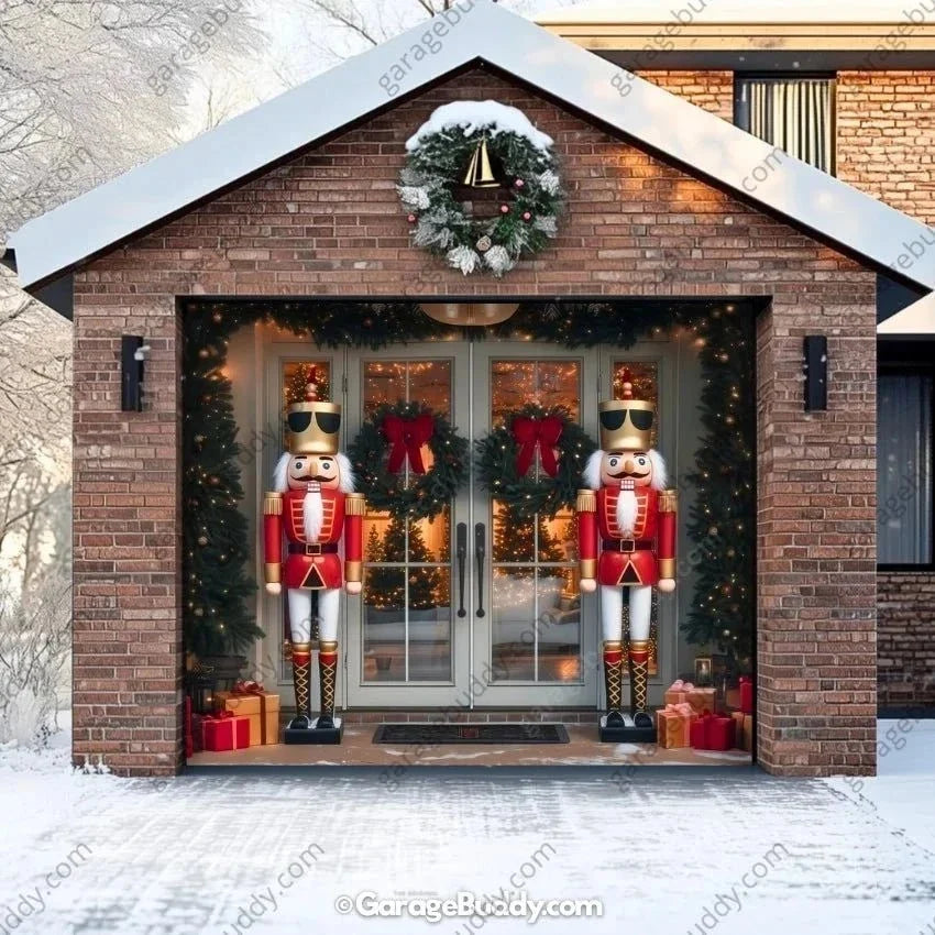 NutCracker Guards Christmas garage door cover showing nutcracker soldiers beside a decorated entrance, single-door view.
