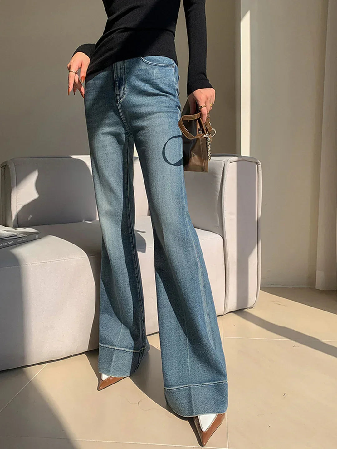 Women's Washed Slim Fit Draped Denim Pants