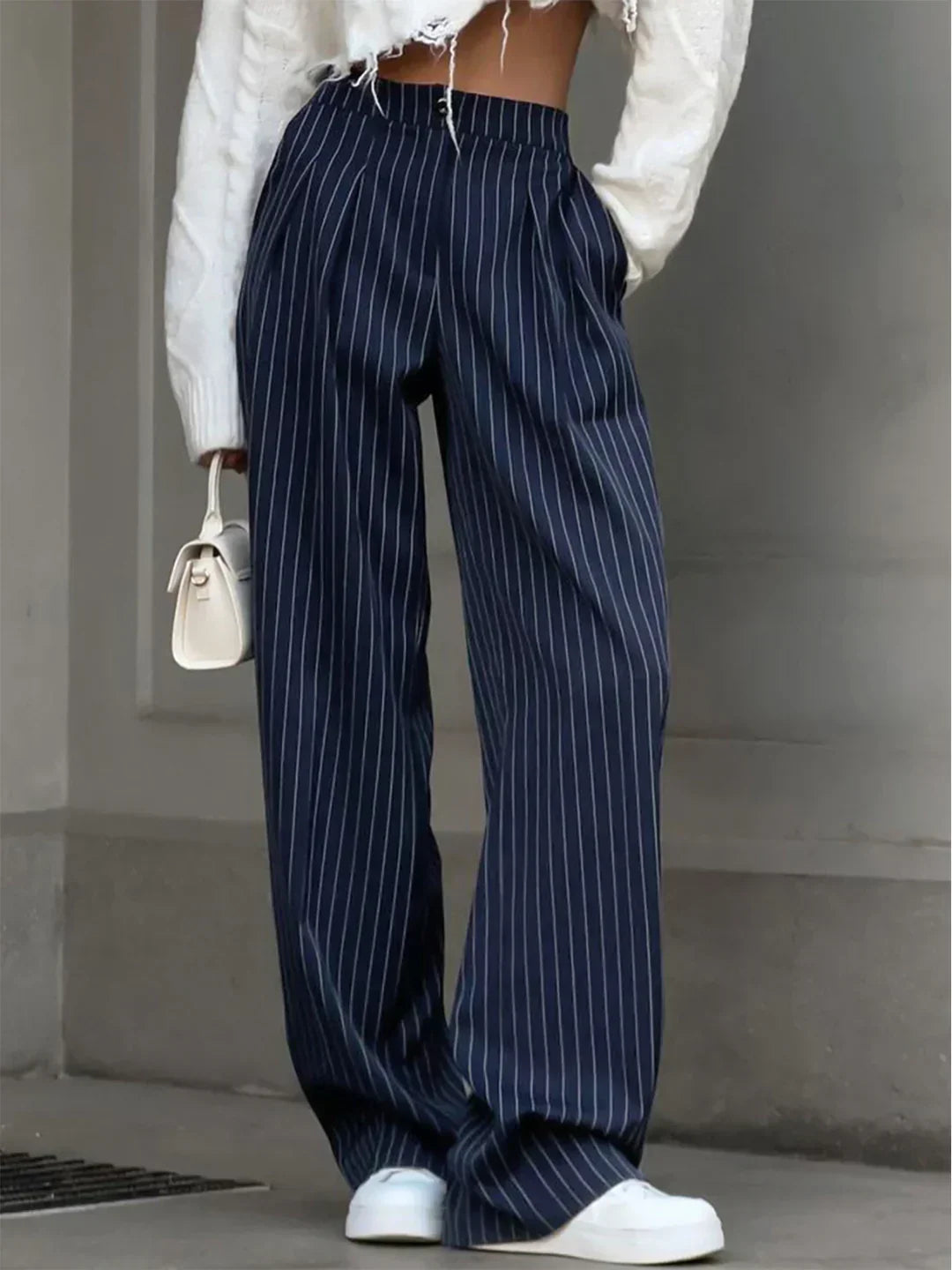 Women's High-Waisted Pinstripe Pleated Wide Leg Dress Pants