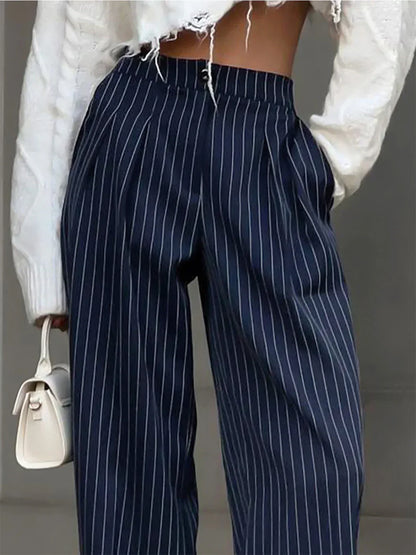 Women's High-Waisted Pinstripe Pleated Wide Leg Dress Pants