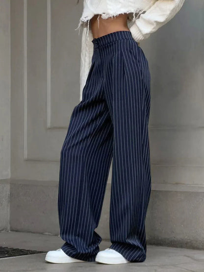 Women's High-Waisted Pinstripe Pleated Wide Leg Dress Pants