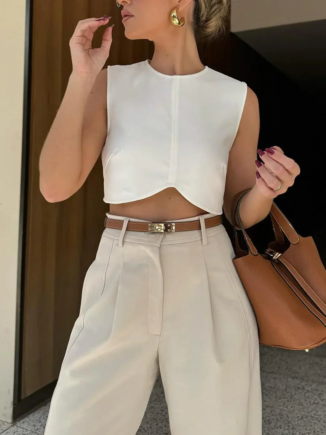 Vintage-Inspired Old Money Style High-Waisted Pleated Cropped Trousers