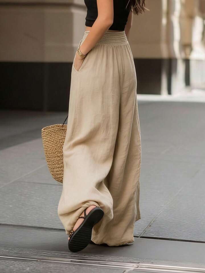 Women's Casual High-Rise Elastic Waist Wide Leg Trousers