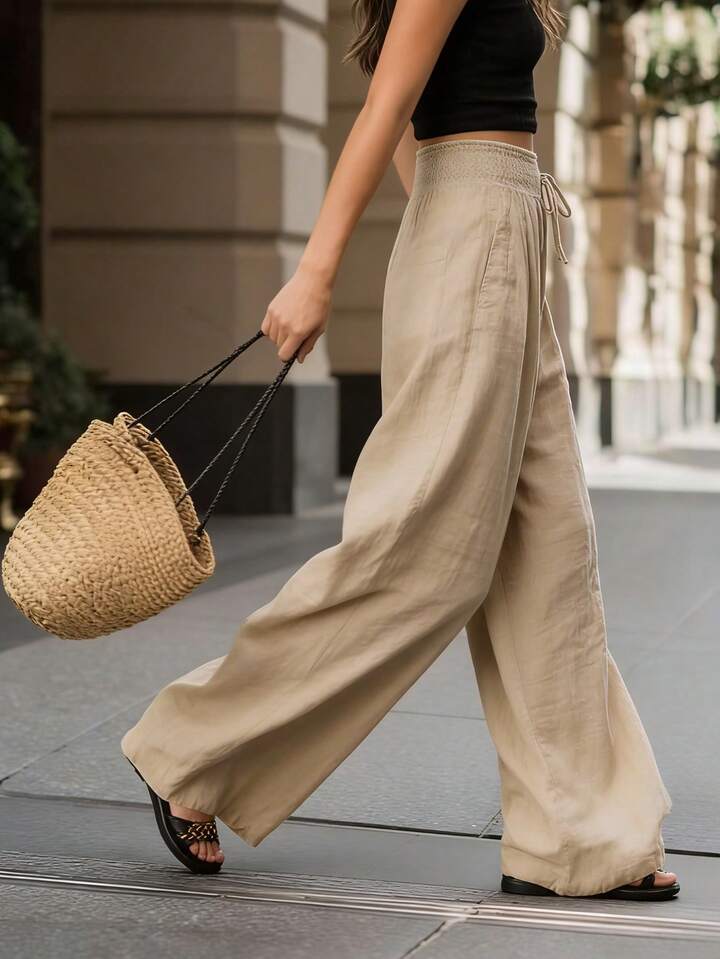 Women's Casual High-Rise Elastic Waist Wide Leg Trousers