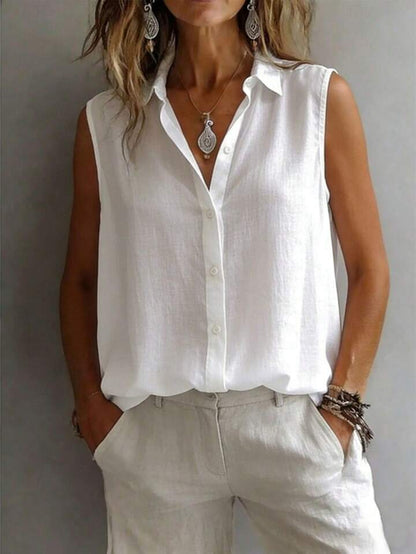 Quiet Luxury Button-Up Top – Minimalist Sleeveless Blouse for Timeless Wardrobe Staples