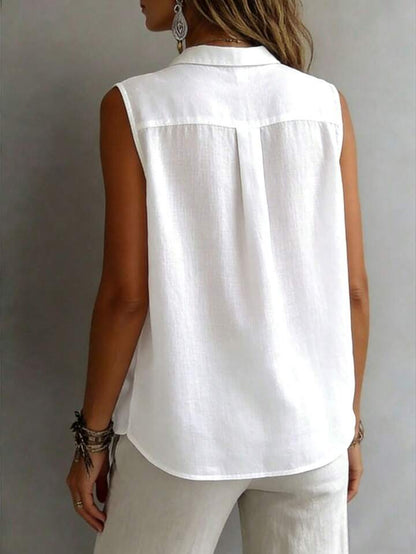 Quiet Luxury Button-Up Top – Minimalist Sleeveless Blouse for Timeless Wardrobe Staples
