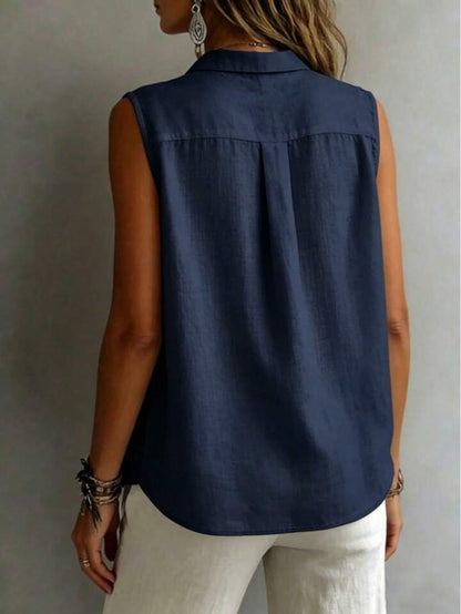 Quiet Luxury Button-Up Top – Minimalist Sleeveless Blouse for Timeless Wardrobe Staples