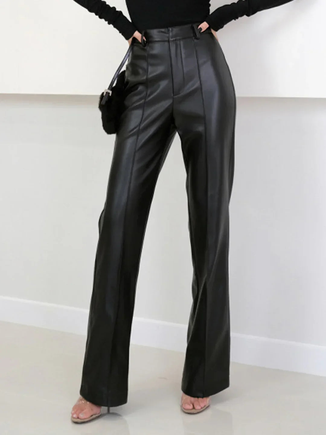 Women's Elegant High-Waisted Faux Leather Trousers