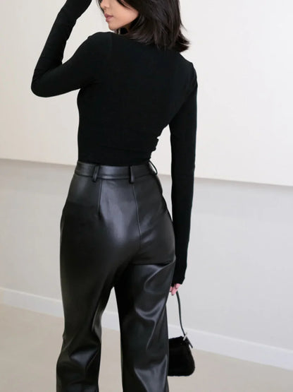 Women's Elegant High-Waisted Faux Leather Trousers