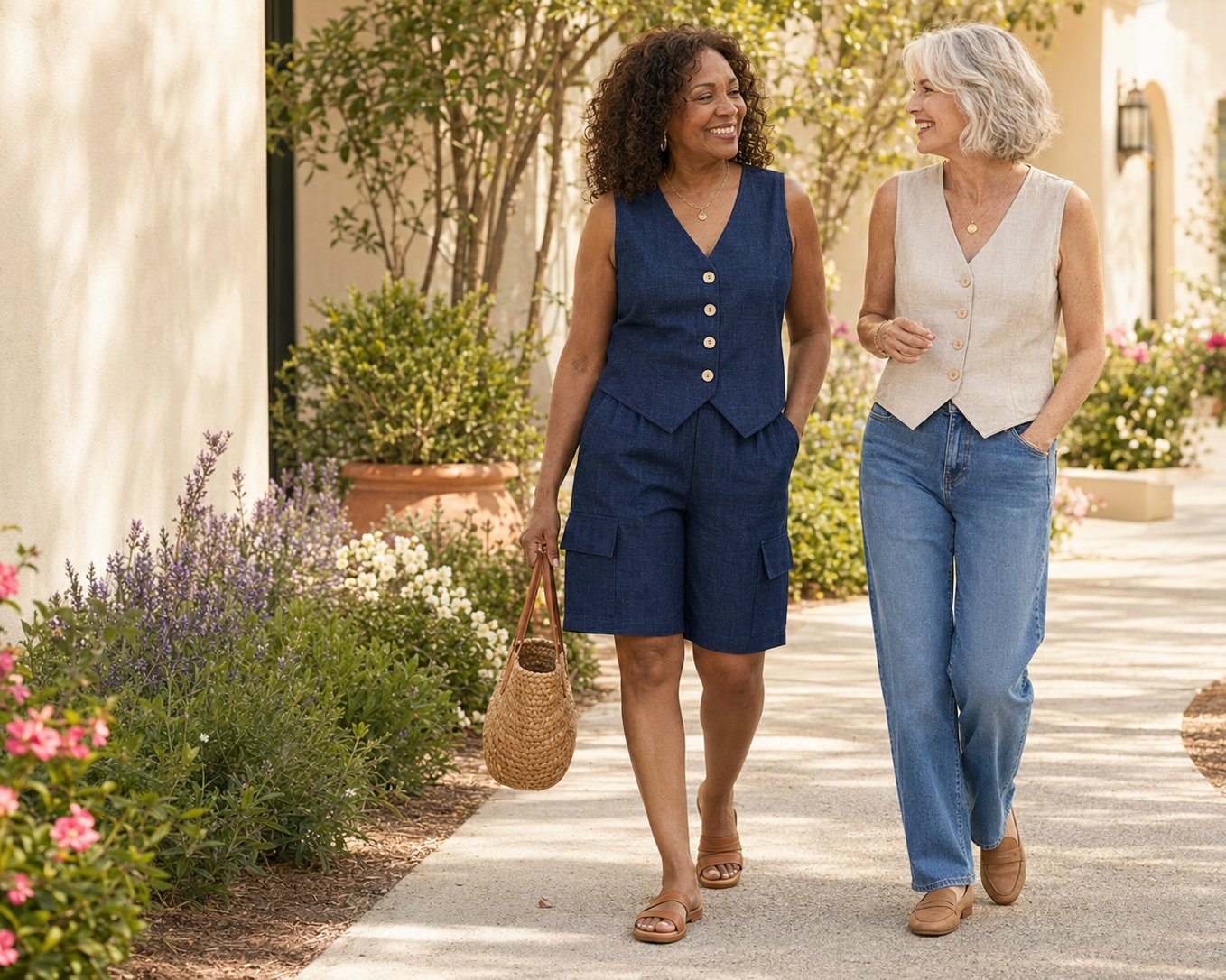 Two women walking side by side on a sunlit outdoor path. The woman on the left wears a navy sleeveless vest and shorts set with button details, paired with sandals and carrying a woven bag.