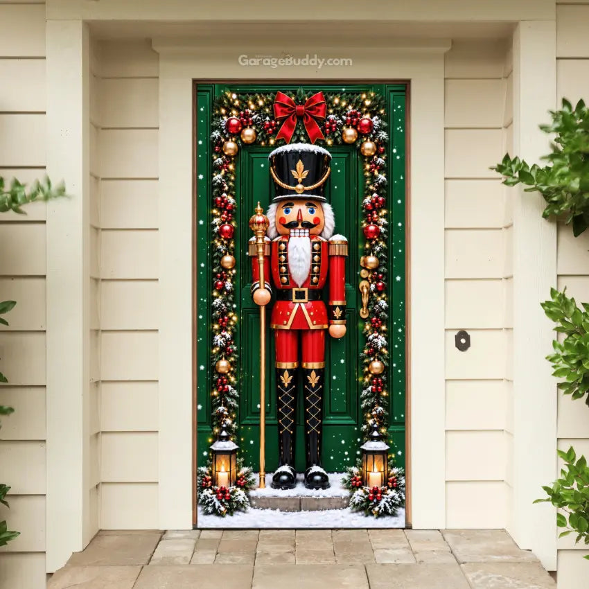 Nutcracker (Red) Christmas front door cover on a light-colored entrance.