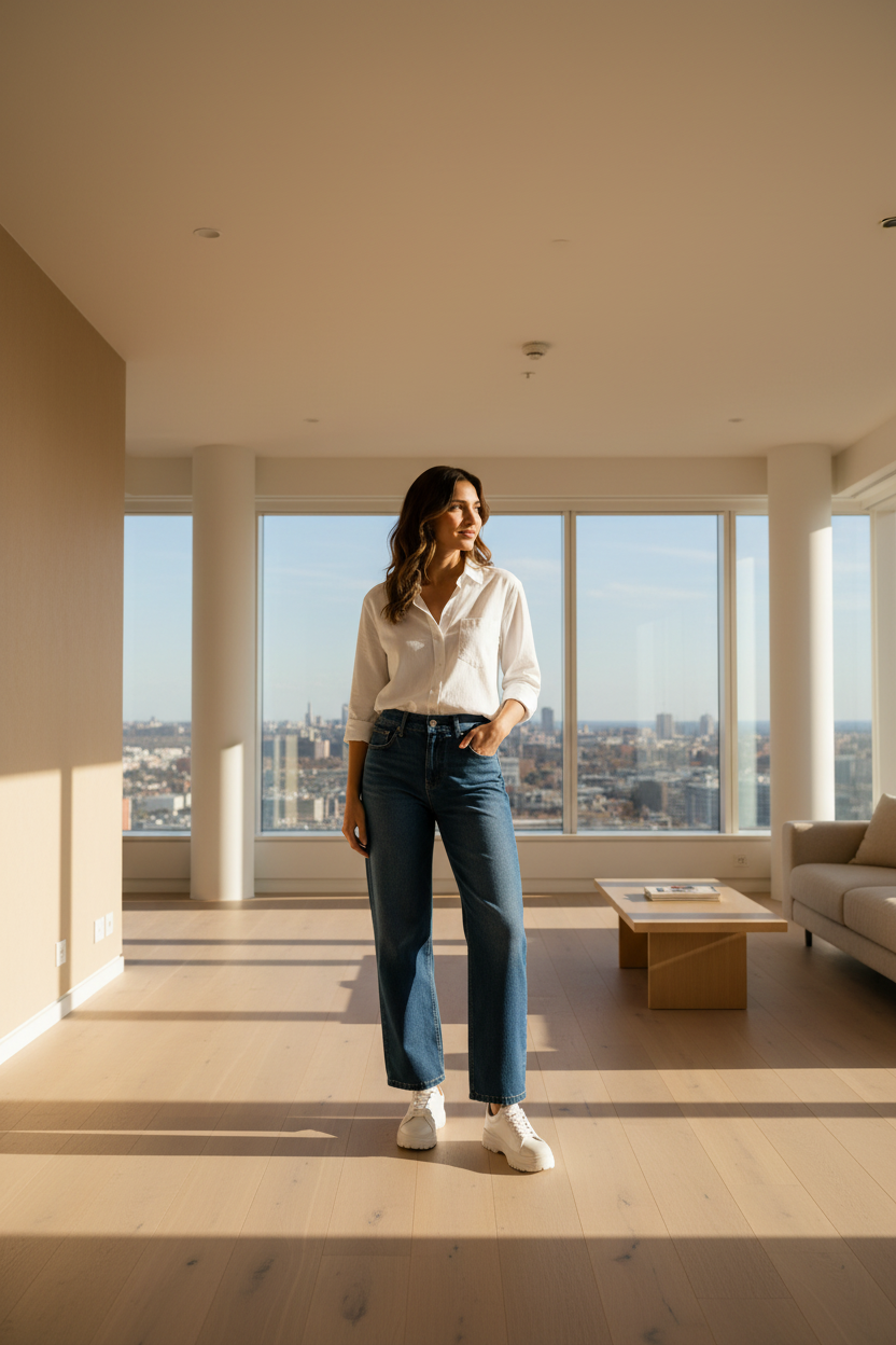 A woman modeling a pair of high-waisted, wide-leg blue jeans paired with a white button-down shirt and white sneakers, set against a plain beige studio background.