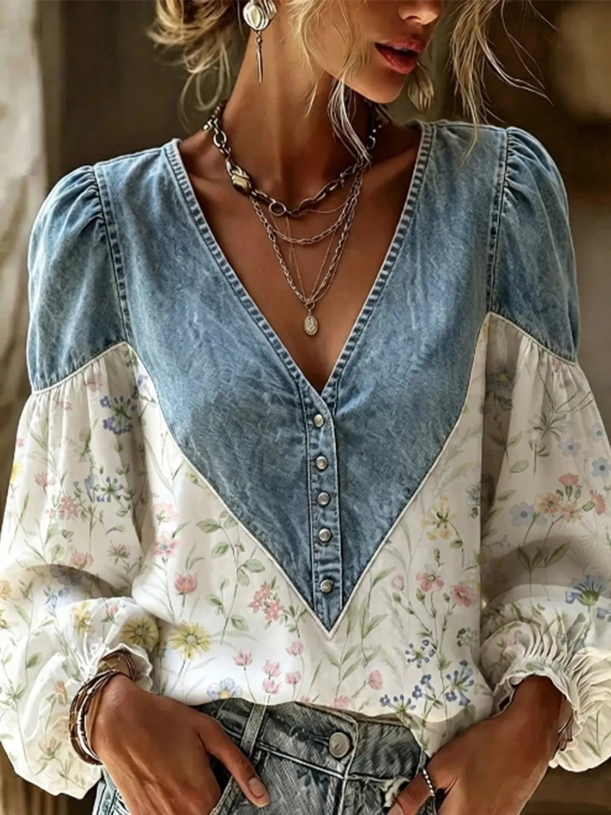 Woman wearing white floral patchwork denim button-front top