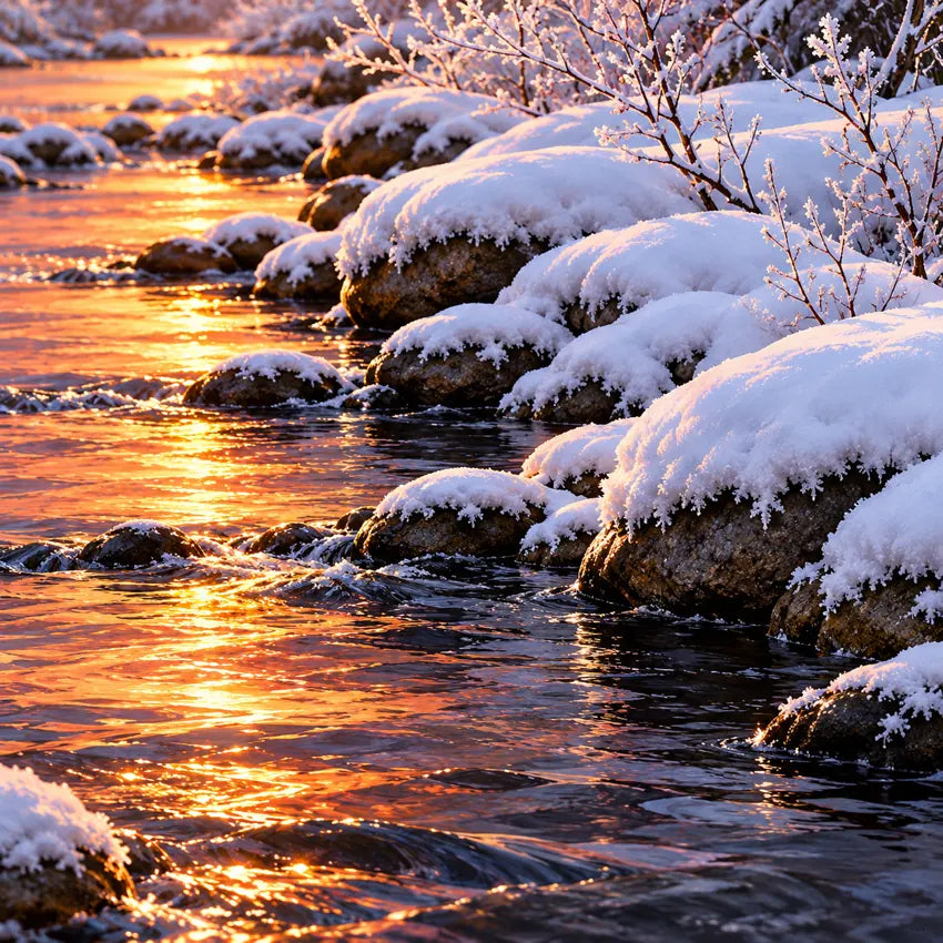 Illustrative detail of Cardinal Creek cover artwork, snow-covered creek bank and warm sunset reflections.