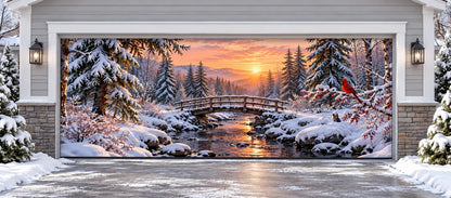 Illustrative mockup of Cardinal Creek Christmas garage door cover, double door without optional string lights.