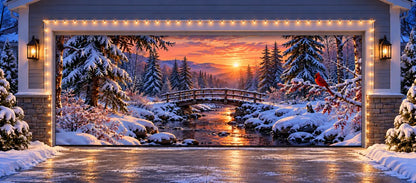 Illustrative mockup of Cardinal Creek Christmas garage door cover, double door with optional warm-white string lights.