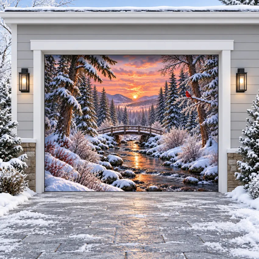Illustrative mockup of Cardinal Creek Christmas garage door cover, single door without optional string lights.