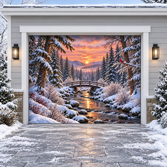 Illustrative mockup of Cardinal Creek Christmas garage door cover, single door without optional string lights.