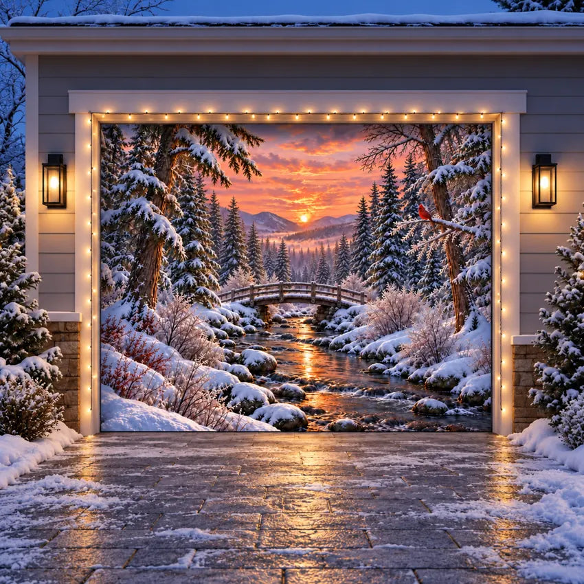 Illustrative mockup of Cardinal Creek Christmas garage door cover, single door with optional warm-white string lights.