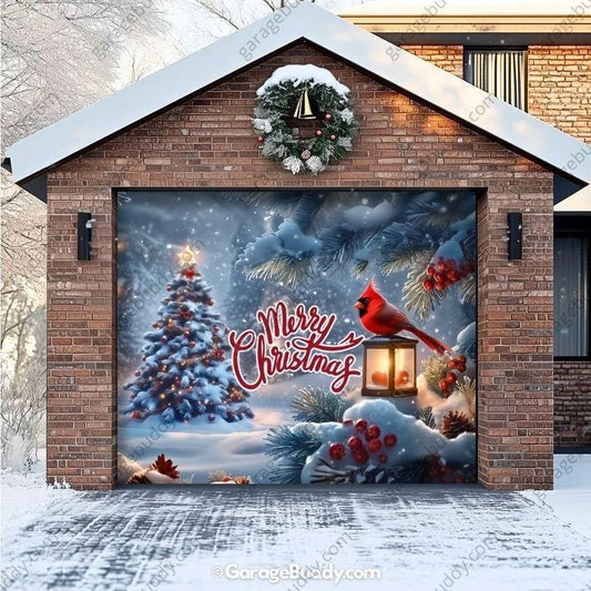 Cardinal's Christmas garage door cover shown on a single garage door